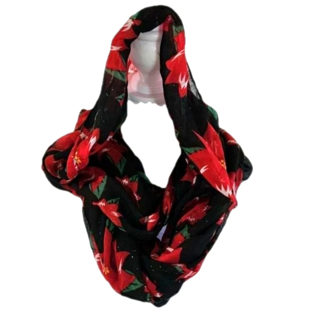 Infinite Scarf Holiday Poinsettia Floral Black and Red Wrap
